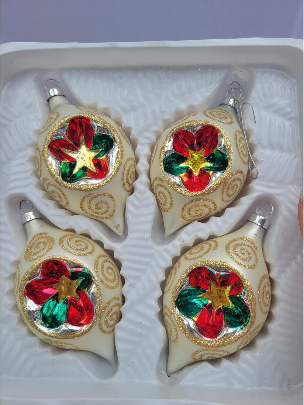 Krebs & Sohn Glass Christmas Baubles Bulbs Set Of 4 Red Green Indent Germany